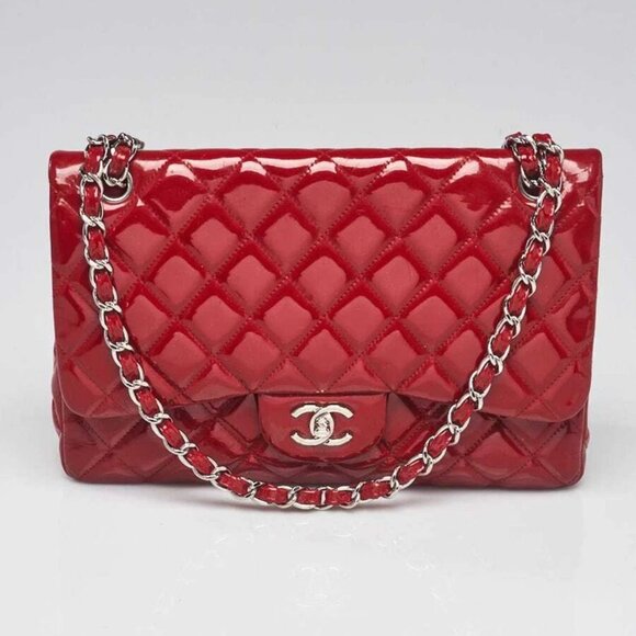 Chanel Red Quilted Patent Leather Classic Jumbo Double Flap Bag - Picture 1 of 12